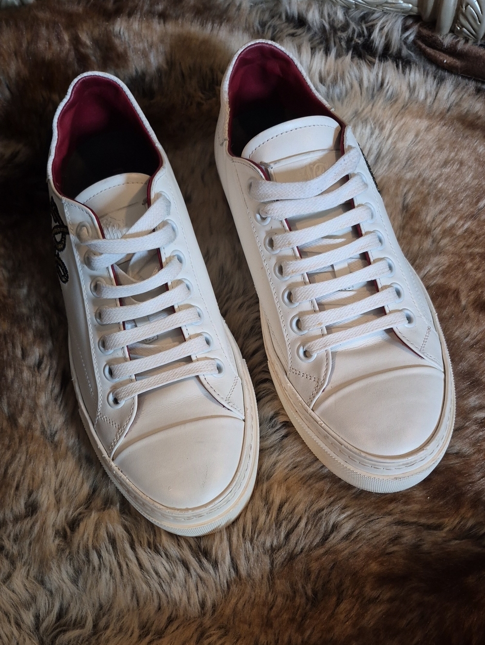 Roberto Cavalli White Leather Low-Top Sneakers with Maroon Lining